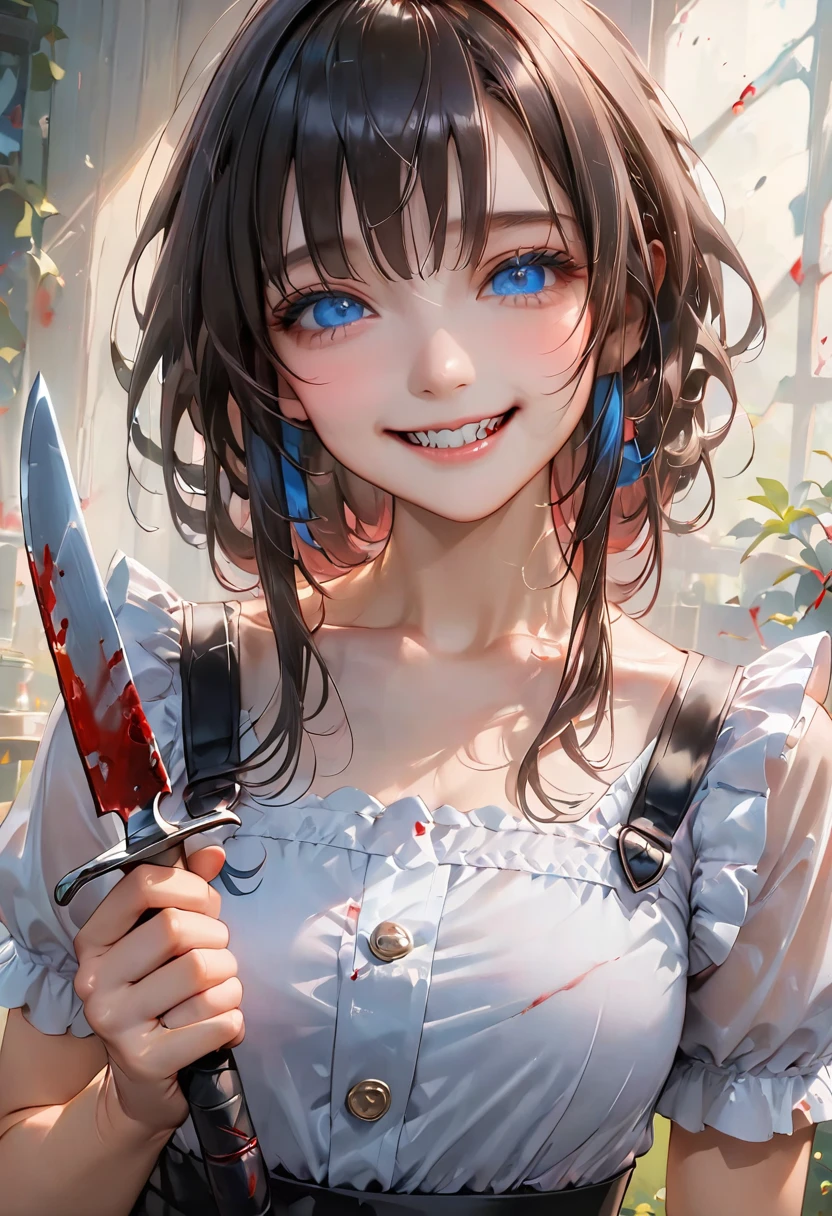 Highest quality, 4K,masterpiece, Very detailed, 8K, High detail, Sharp focus, One girl, alone, Alice in Wonderland, Black Hair, Fine grain, , smile, gesugao, (邪悪なsmile:1.1), Sharp teeth, (Crazy Blue Eyes:1.2), Yandere, Holding a knife, (Blood splatter:1.7)