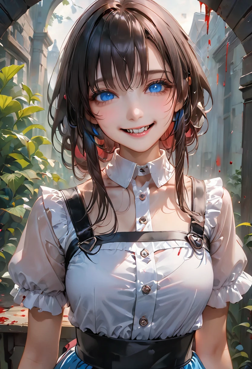 Highest quality, 4K,masterpiece, Very detailed, 8K, High detail, Sharp focus, One girl, alone, Alice in Wonderland, Black Hair, Fine grain, , smile, gesugao, (邪悪なsmile:1.1), Sharp teeth, (Crazy Blue Eyes:1.2), Yandere, Holding a knife, (Blood splatter:1.7)