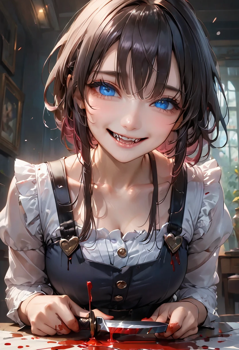 Highest quality, 4K,masterpiece, Very detailed, 8K, High detail, Sharp focus, One girl, alone, Alice in Wonderland, Black Hair, Fine grain, , smile, gesugao, (邪悪なsmile:1.1), Sharp teeth, (Crazy Blue Eyes:1.2), Yandere, Holding a knife, (Blood splatter:1.7)