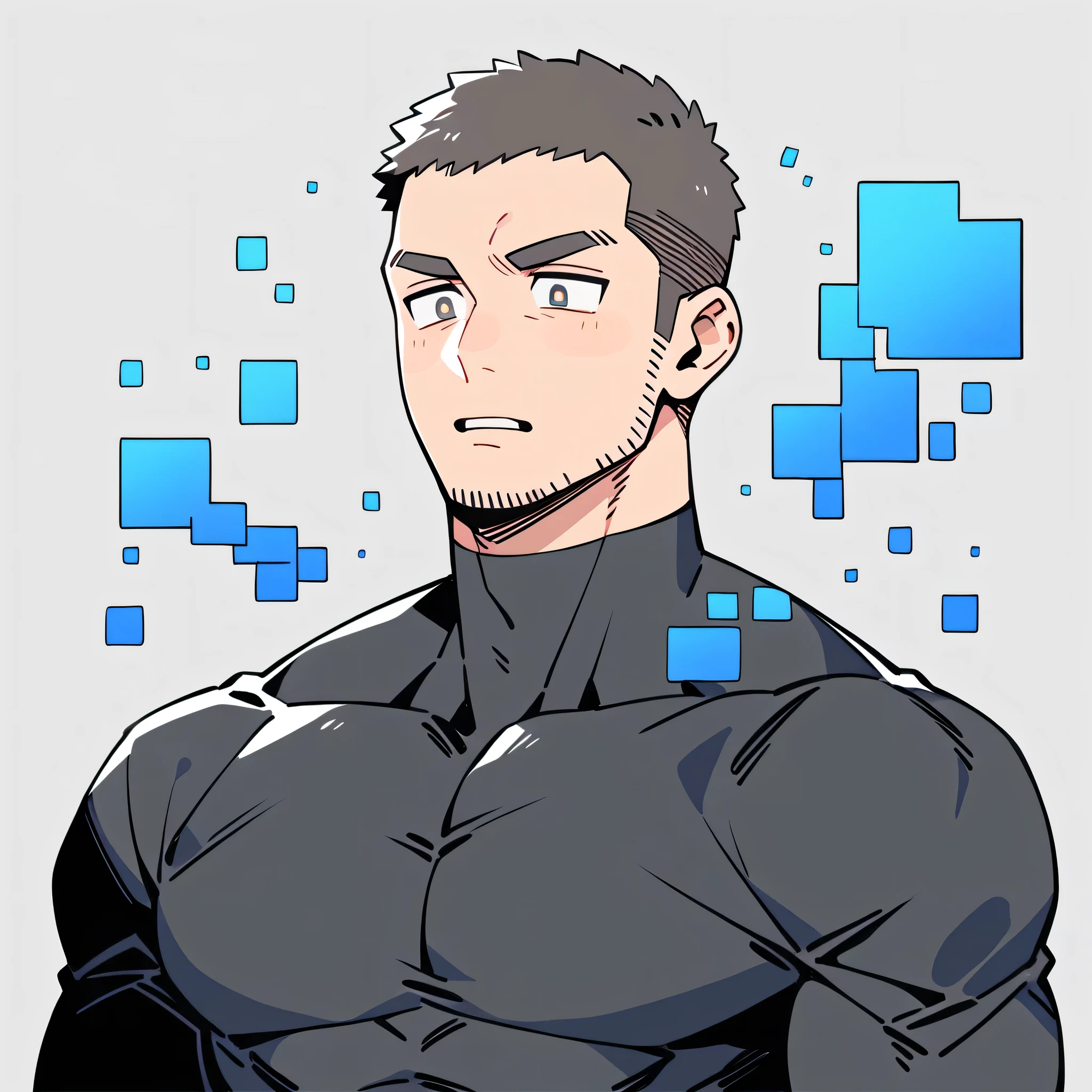 anime characters：Priapus, Muscle Sports Student, Buzz Cut, Manliness, male focus, Dark black high collar long sleeve tight T-shirt, Slightly transparent material, Very tight, Round, full and perky chest muscles, muscular male, muscular, only, Upper body, alone, Black short hair, Thick eyebrows, stubble, Brown-red pupils, Grey background, simple background, amazing quality, best aesthetics, Ridiculous, crew cut, parted lips, flustered, endured face, best quality