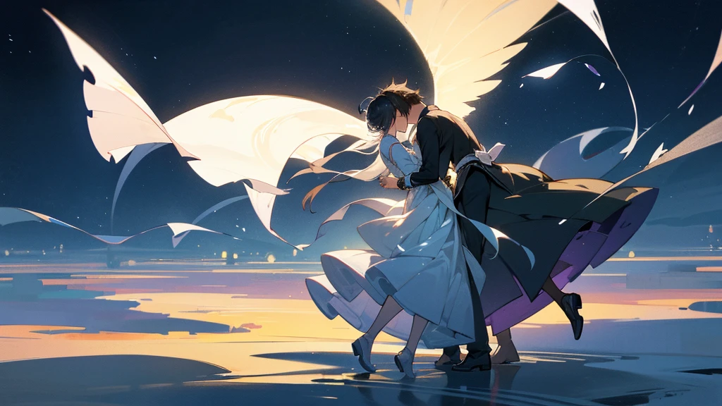In the silence of the night、I drew the silhouettes of two people dancing in the gentle moonlight.、Fantastic and romantic scenery。Silvery leaves fly up、star々quietly watches the movement。