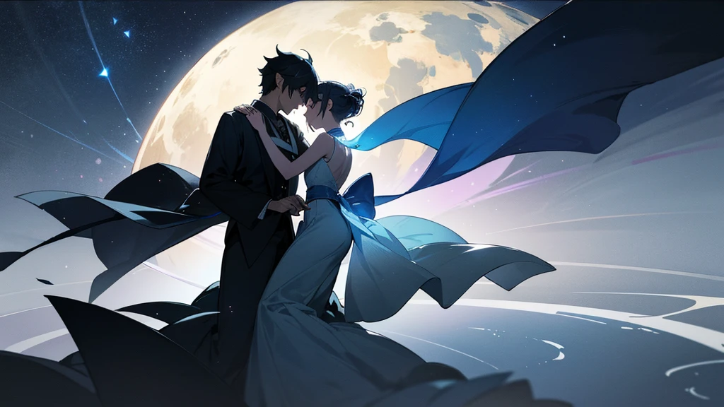 In the silence of the night、I drew the silhouettes of two people dancing in the gentle moonlight.、Fantastic and romantic scenery。Silvery leaves fly up、star々quietly watches the movement。