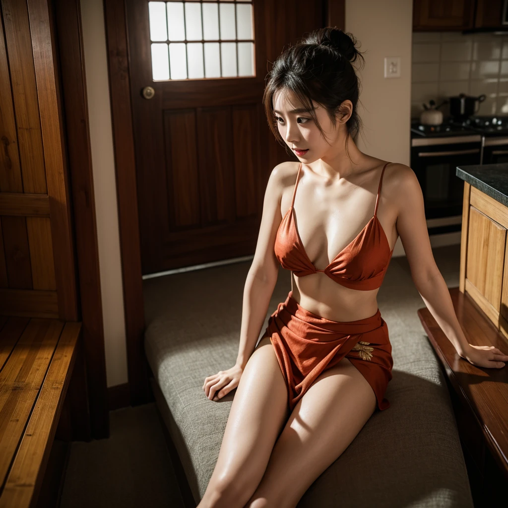beautiful japanese girl, 26 years old, bodyเซ็กซี่, The skin is shiny and moisturized., My hair is tied into a bun., Wear a red kebaya, large breast, The nipples show transparently., and the short batik sarong faded, Sitting barefoot in front of the door, House made of bamboo, In front of the kitchen there is a small river flowing clear., Natural clear rocky river. Realistic photos. HDR10 8K photos with Nikon D850 f analog camera/16, 35mm, high detailsed, Wallpaper quality, good anatomy, body, hand & นิ้วhand (Laura:increase_details:0.8)Looking seductively at the audience