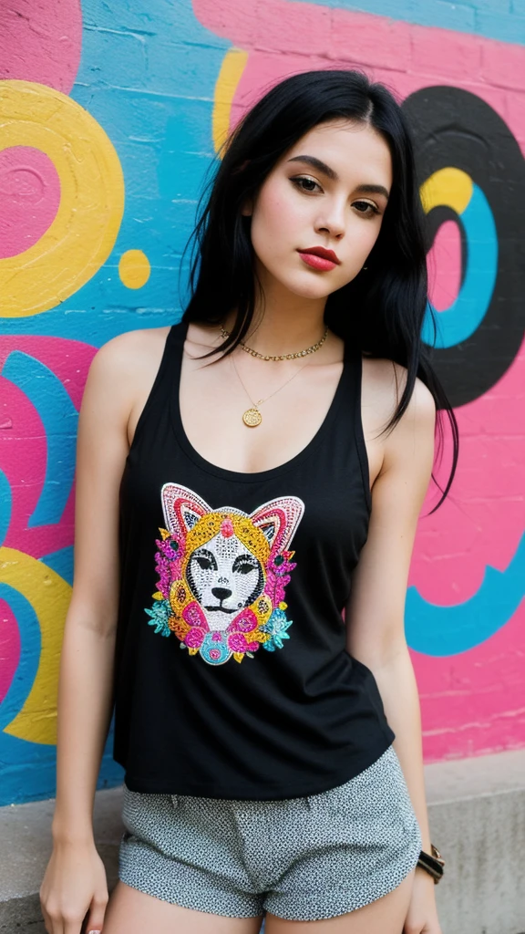 1GIRL, beautiful girl, beautiful face, sassy theme style, fantasy, fine details, (best quality), (intricate details), uptown funk style, chic style, groovy color, uptown funk full city background, put it in front of the underground, ((long healthy black hair)), best quality, ((tank top, with a shorts, made a stunning impression on, uptown woman)), (emo style)), beautiful face, funny, cute face, pinup, perfect face, cute candy shop background portrait (masterpiece : 1.2, top quality), (original image, intricate details), (1 woman, solo, upper body, chest) Clothing: sharp, stylish, cool, fashionable, non-standard, avant-garde, experimental Appearance: hair popular women or cute colors, natural makeup, unusual fashion choices, idol stars Behavior: cool, non-conformist, stylish Place: city full of sweets, Underground Music World Hobbies: wants to decorate the world with candy and colors colorful, creating art in mixed media, experimenting with subcultures Different values: individuality , authenticity, creative expression Sources of inspiration: beautiful and cute, counterculture icons, avant-garde art movements Character traits: bold, online, non-standard . Top image, middle image, front look, upper image, cowboy shot, 1 girl, photoshoot