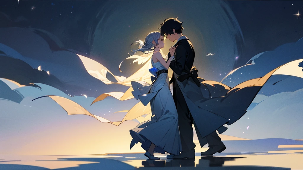 In the silence of the night、I drew the silhouettes of two people dancing in the gentle moonlight.、Fantastic and romantic scenery。Silvery leaves fly up、star々quietly watches the movement。