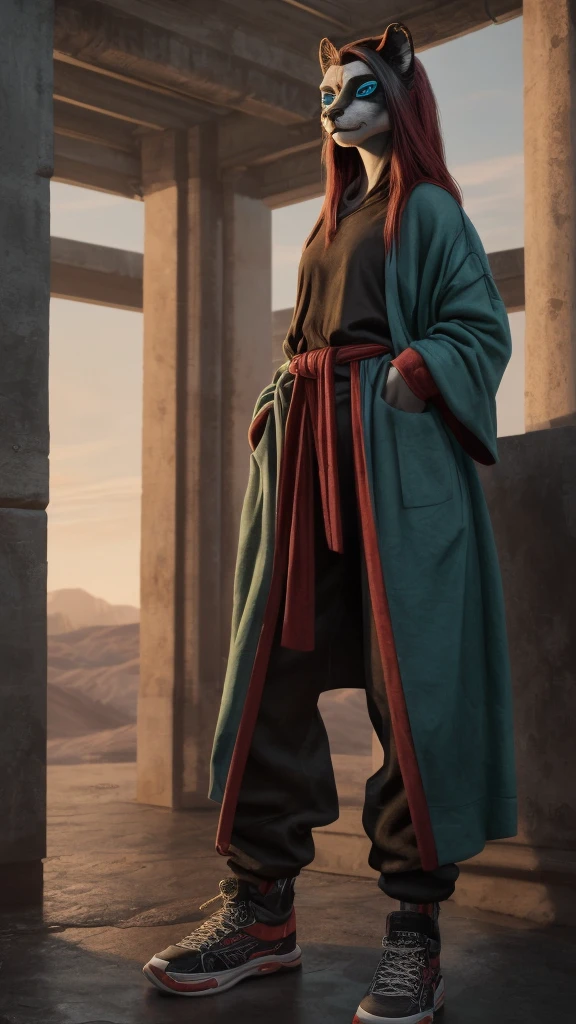 Lyra Vesper is a black panther with long hair that reaches almost to her waist and red roots. She has an impactful and stylish look, wearing baggy clothes reminiscent of Billie Eilish's early style. Her outfits are casual, comfortable, and modern, providing a unique and bold appearance. (foco nitído, Obra de arte, 8K, obras de arte intrincadas, hiper detalhado, Alto detalhe),
