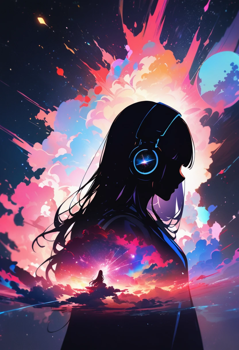 Profile of a woman silhouette.(Long Hair:1.3), Blunt bangs, (Headphones:1.3), Inside the silhouette you can see the Double exposure with a universe, Deep Universe, Supernova explosion, masterpiece, ((Double exposure)), Proportional.,Double exposure