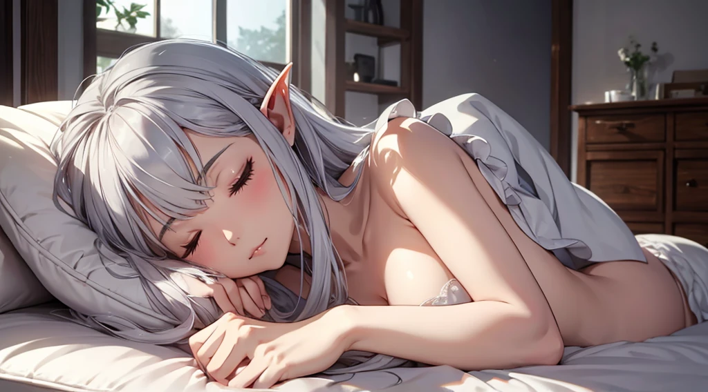 Elf Wife、Silver Hair、Naked Apron、living、Sleeping on a soft sofa、A comfortable sleeping face