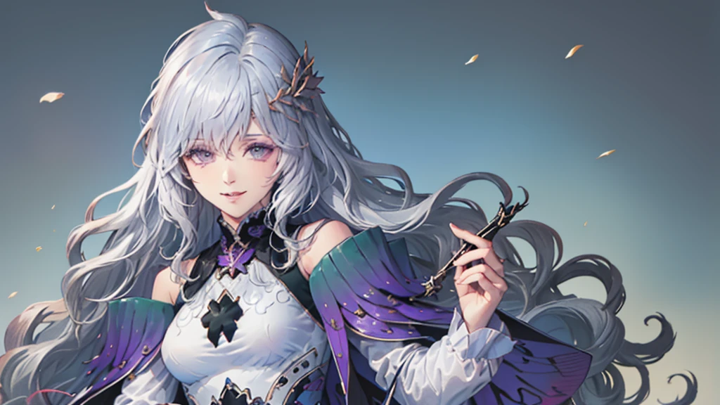 (最high quality, High resolution:1.2), Super detailed, Mysterious, Ethereal atmosphere, Beautiful attention to detail, Detailed lips, masterpiece, Shrinkage rate(8K, 最high quality, masterpiece: 1.2), purplish-silver hair,Wavy Hair,Fleeting,Long walking stick,White robe,beautiful girl,sexy,Glamour,Purple eyes,sacred,Dynamic pose,One Girl,Flower Field,Lakeside(the best品質を最高に8K, CG, Beautiful and exquisite upper body, Complex facial features, Almond Eyes, Exquisite eye makeup, Long eyelashes fluttering, Blinking big eyes, (masterpiece, 最high quality, the best, Official Art, Beautiful and beautiful, Long-term exposure: 1., Smooth movement, Attractive patterns, 1 Girl, (Long sleeve dress: 1.3), (((White clothes) )), Delicate face,Lavender colored hair, Gradient Hair,Long Hair, Bare shoulders, ,Detailed Background, Delicate face,, Dynamic pose, Suspended particles, Ethereal atmosphere,gem,One Girl,goddess,Delicate and beautiful face,Flowing,Perfect balance, masterpiece, Textured skin, Very detailed, High detail, high quality, High resolution,Smile