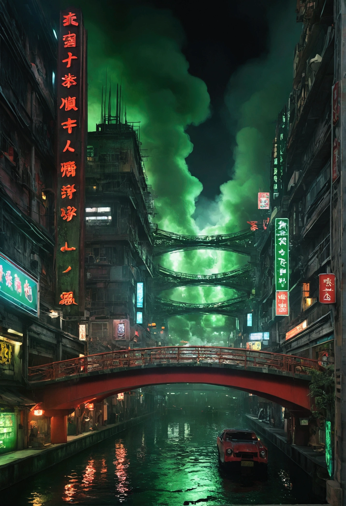 Cyberpunk cities in science fiction movies, night, Enveloped in green smoke, bridge, Established, Strange stories from Chinese studios, red lantern, Ghosts wandering the streets, irregular, Circuit board, wire, Complex, Very detailedな, Realistic, Ultra-realistic, high quality, Highest, Super detailed, Crazy details, Very detailed, PhotoRealistic, A magnificent composition, Highest Quality, 32K --v 6
