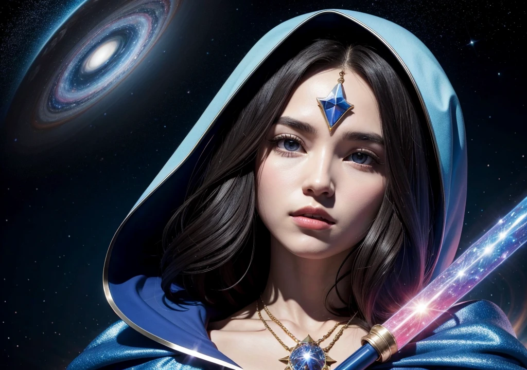 Cosmic wizard human face in front of a eusou universe