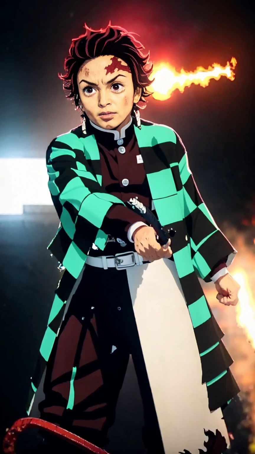 made by Emmanuel Lubezki, Daniel F Gerhartz, character from the anime Demon Slayer, anime boy with red hair and a green and black checkered jacket, a scar on the left side of his forehead, handsome guy in demon slayer art, tanjiro kamado, kimetsu no yaiba, demon slayer, cinematic demon art style, conceptual photo art, 32k, photo shoot unbelievable full body portrait, artificial lighting, hyper detailed, realistic.