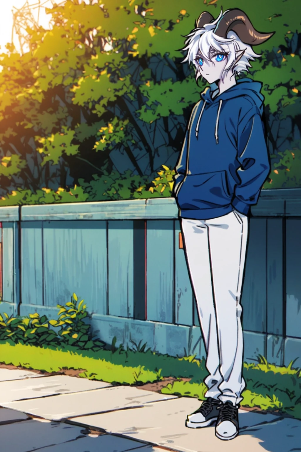 A highly detailed anime character with beige skin, long white hair, long goat horns, wearing a green hoodie, black pants, and black sneakers, blue eyes, anthropomorphic goat features including human ears and white fur,cinematic lighting, vibrant colors, intricate details