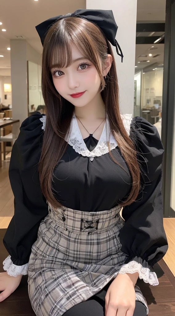 table top, highest quality, figure, super detailed, finely, High resolution, 8k wallpaper, Perfect dynamic composition, beautiful and fine eyes, medium hair,small breasts natural color lip, bold sexy pose,smile,harajuku、20 year old girl、cute、sexy shot looking at camera、gothic lolita clothes、skirt、blouse