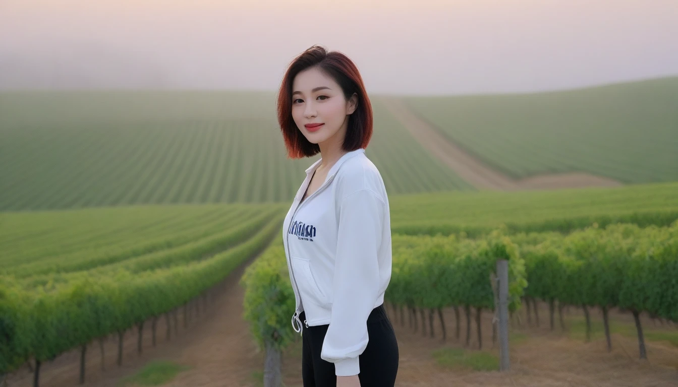 beautiful scenery, 8K Top Quality, Vivid picture quality, 1 woman, Beautiful 36-year-old Korean woman, Chest size 34 inches, Model-level beautiful woman, Dawn in the countryside, Napa Valley, California, USA, Red light, A vineyard plain can be seen in the distance in a thick fog.. Red sunshine, The background is realistic and vivid quality.., short medium bob hair, T-shirt that goes up to the neck , High-end luxury brand windbreaker jacket, casual pants, Perfect and realistic photos, The background is realistic.. Full body shot with Canon camera 16-35 wide angle lens, Smiling, Looking down on the vineyards from the vineyard hill in thick fog, towards the front camera