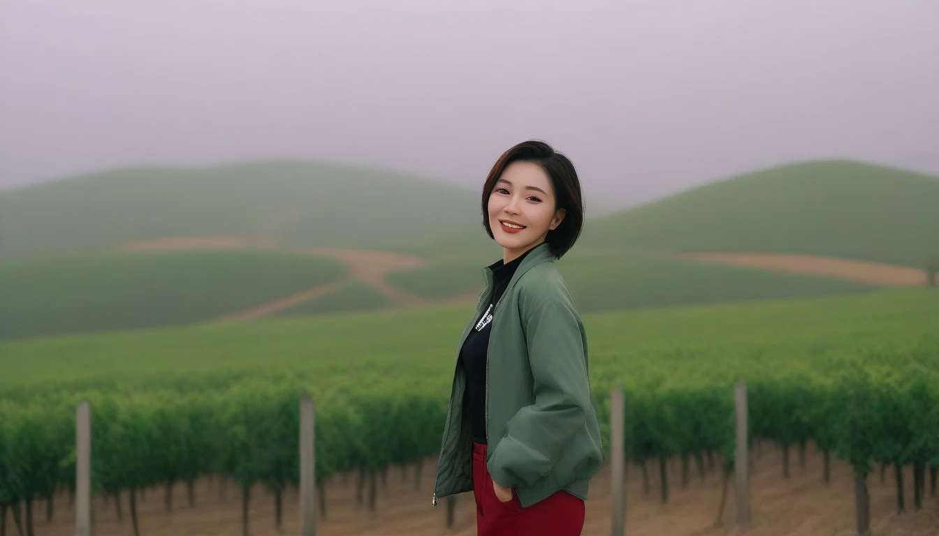 beautiful scenery, 8K Top Quality, Vivid picture quality, 1 woman, Beautiful 36-year-old Korean woman, Chest size 34 inches, Model-level beautiful woman, Dawn in the countryside, Napa Valley, California, USA, Red light, A vineyard plain can be seen in the distance in a thick fog.. Red sunshine, The background is realistic and vivid quality.., short medium bob hair, T-shirt that goes up to the neck , High-end luxury brand windbreaker jacket, casual pants, Perfect and realistic photos, The background is realistic.. Full body shot with Canon camera 16-35 wide angle lens, Smiling, Looking down on the vineyards from the vineyard hill in thick fog, towards the front camera