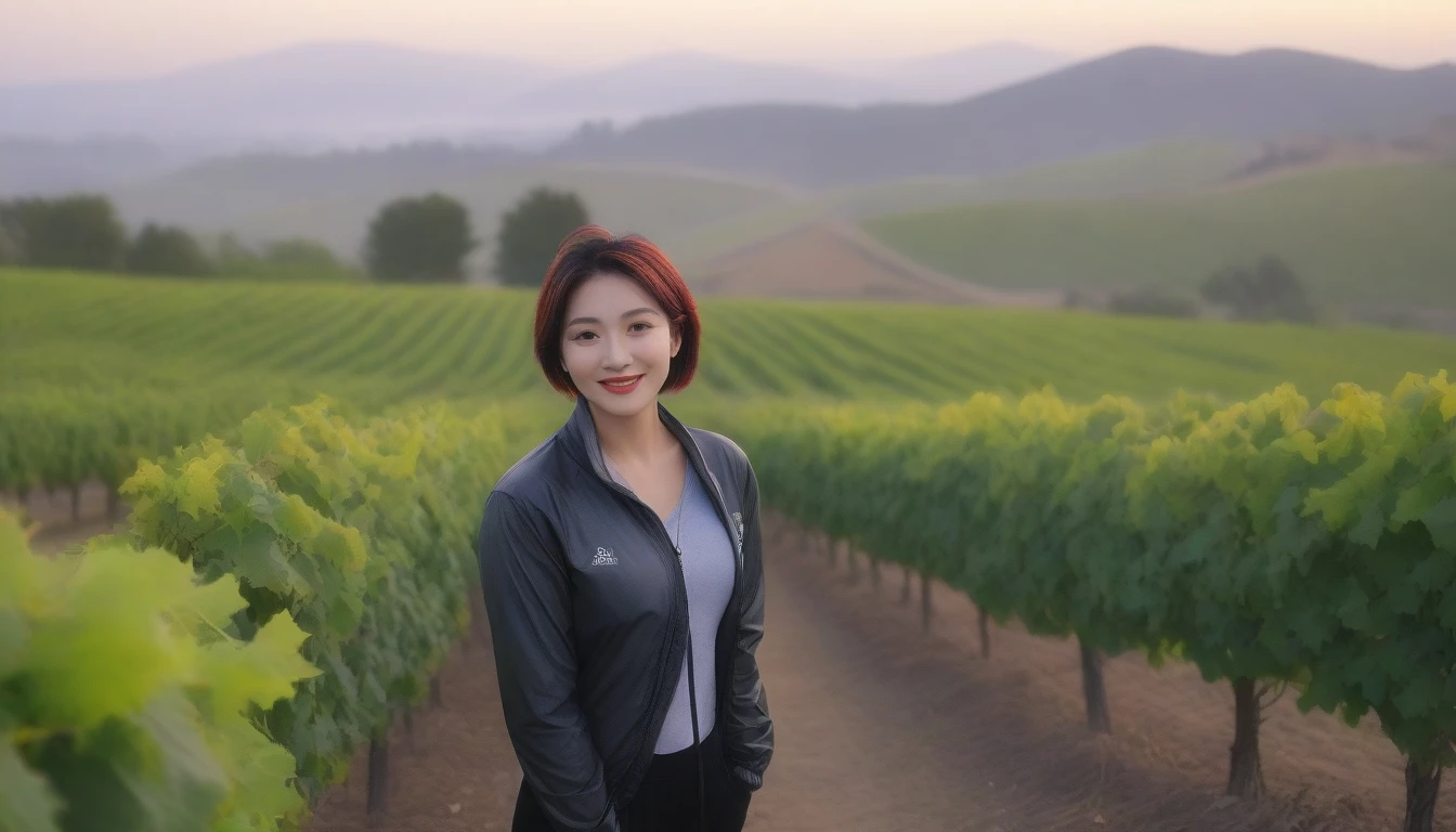 beautiful scenery, 8K Top Quality, Vivid picture quality, 1 woman, Beautiful 36-year-old Korean woman, Chest size 34 inches, Model-level beautiful woman, Dawn in the countryside, Napa Valley, California, USA, Red light, A vineyard plain can be seen in the distance in a thick fog.. Red sunshine, The background is realistic and vivid quality.., short medium bob hair, T-shirt that goes up to the neck , High-end luxury brand windbreaker jacket, casual pants, Perfect and realistic photos, The background is realistic.. Full body shot with Canon camera 16-35 wide angle lens, Smiling, Looking down on the vineyards from the vineyard hill in thick fog, towards the front camera