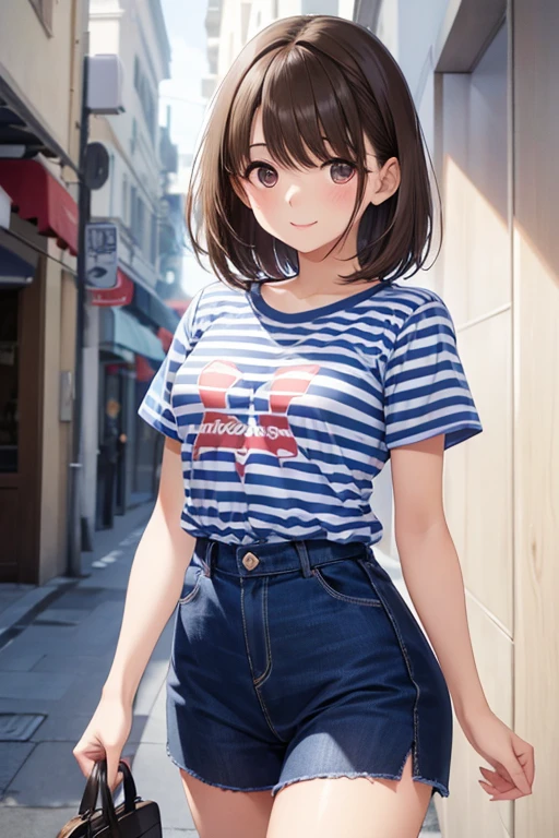 anegasaki nene、Shiny brown hair, short hair, (Beautiful brown eyes、Sparkling eyes, Fine grain)、smile、Ultra-detailed eyes、Highly detailed face, Highly detailed eyes,Cowboy Shot、



masterpiece、Highest quality、High resolution、High-quality images、
8K, 1 female、
((masterpiece, Highest quality)),((High resolution:1.2)), 1 Girl, alone, Blurred Background, (((Small breasts))), Thighs, (Striped ), T-Shirts,