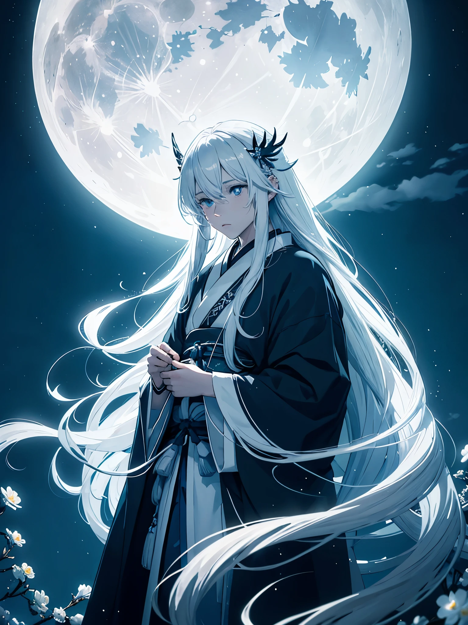 Japanisch. White crows. Ghosts. lights. magical. Power animals. Spirit. King of the moon. Long hair. long white hair. aquatic, boy,  silver hair accessories, White hair, blue flowers. Blue lights. full moon. holy. 
