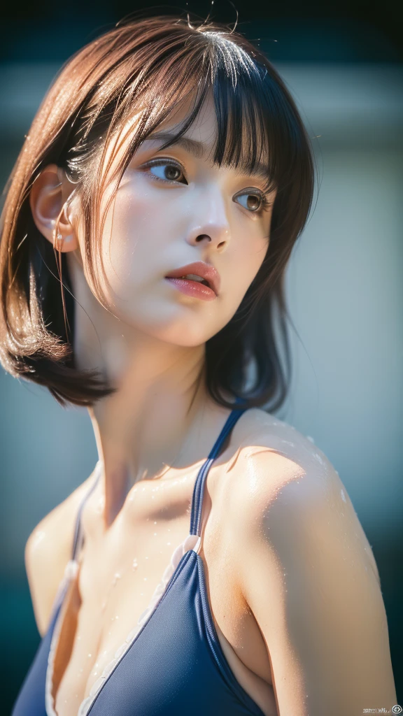 (masterpiece, Highest quality, Very detailed, 8K, wallpaper, Realistic), ((Perfect hands)), ((Perfect Anatomy)), Medium cleavage, length, Round legs, Round ass, ((Attractive anime girl)), ((Rei Ayanami)), ((Capturing her ethereal beauty with pale wet skin, Wet short indigo hair)), ((Mysterious, deep, vivid crimson eyes)), ((Pale blue or white one-piece swimsuit, Swimwear should be simple and elegant, High neckline and discreet yet flattering cut, NERV logo and、Evangelion-themed design, wait.、Subtle details can be incorporated as accents, To pay tribute to her character)), ((Close-up shot, Side view)), ((Dynamic Background)), ((Sensual pose))