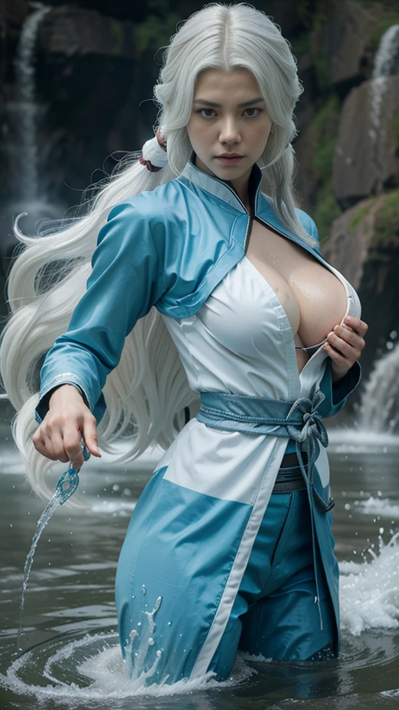 Water bender uniform, with long white hair controlling water, korra from the legend of korra,legend of korra setting, asian female water elemental, fan art, epic digital art illustration, steven artgerm lau, avatar the last airbender, big breast, robbed shirt, water elemet, water bender, water skill, White hair. Close up face, big breast, naughty face, katara hair, water tsunami, water ice. ((BIG BREAST)) ((WHITE HAIR)) ((FIX THE FINGERS)) 