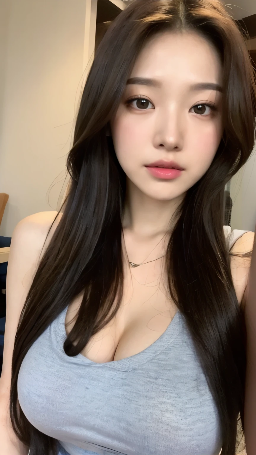 a close up of a woman with long hair wearing a tank top, gorgeous young korean woman, korean girl, beautiful south korean woman, beautiful young korean woman, young adorable korean face, wan adorable korean face, jaeyeon nam, lovely delicate face, girl cute-fine-face, young cute wan asian face, beautiful asian girl, ulzzang, korean woman, full body photo 