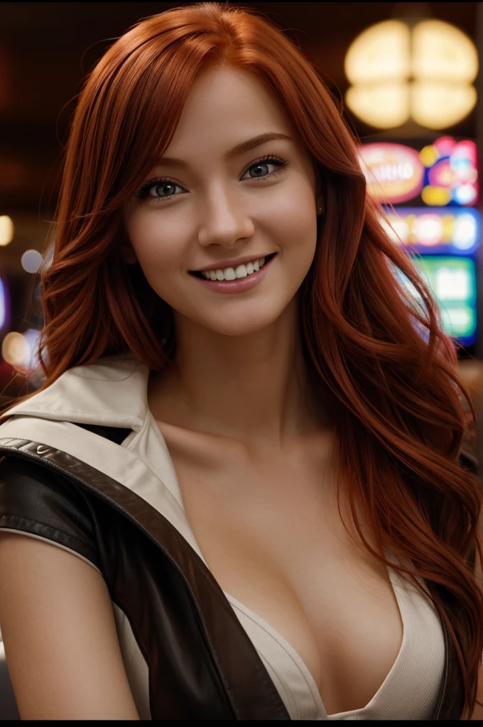 red-haired girl, young, playing slots at the casino, smiling, realism, realistic pictures, 18 year old redheaded skinny girl, with size 3 breasts, ((brown eyes)), detailed hair, ((detailed eyes)), beautiful face, full body, light red hair, cute face, cinemascope, cinematography, dynamic lighting, 75mm, Technicolor, Panavision, cinemascope, sharp focus, fine detail, 8k, HDR, realism, realistic, key visual, film still, cinematic color correction, depth of field