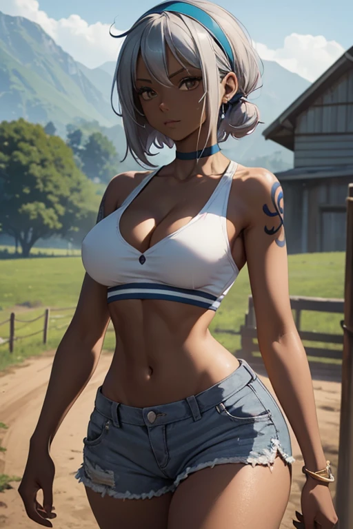 (masterpiece), best quality, expressive eyes, perfect face, front lighting, (farm background), (walking), (seductive look), (cleavage view), (1girl, Namk, 18 years old, grey-blue hair, grey-blue hair, grey-blue hair, BREAK, short hair with hairband, bob hairstyle, brown eyes, hourglass figure, dark skin, tanned skin, tan, skinny body, thin body, petite_body, small breasts, wide hips, thick thighs, sholder tattoo, chest tattoo, collarbone tattoo), BREAK, (yellow v-neck shirt, sleeveless, croptop, exposed cleavage, BREAK, shorts), 