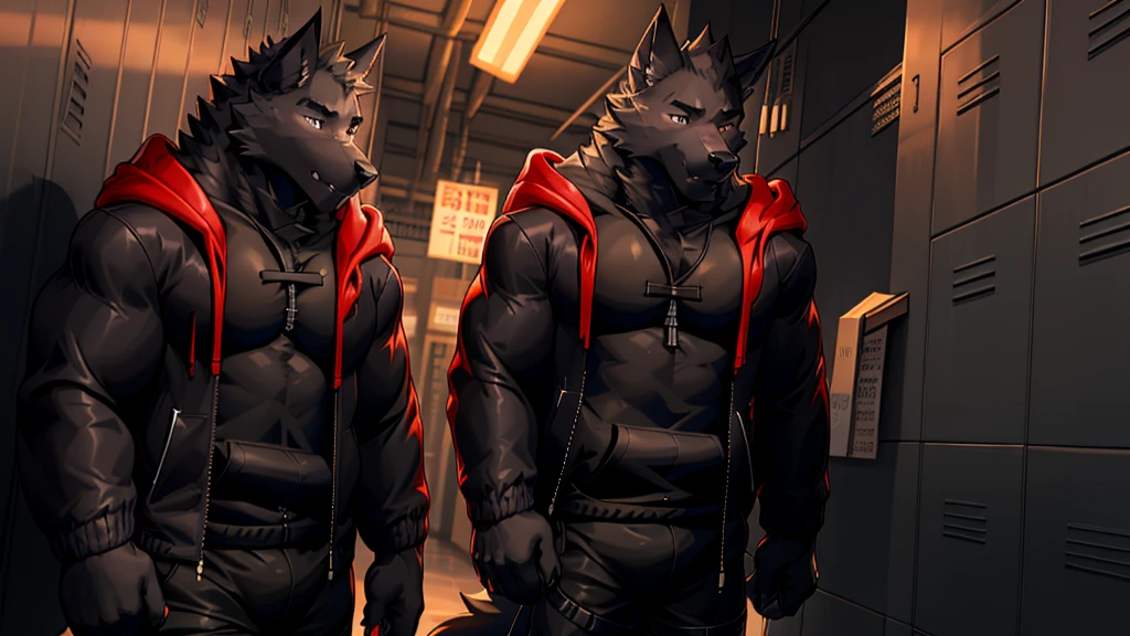 Black Wolf , alone, looking at the audience, shirt, 1 boy, jacket, male focus, open clothes, hood, black shirt, hoodie, muscular, chest muscles, muscular male, only, hooded jacket, sharp nails, school corridor, lean on lockers, black fur