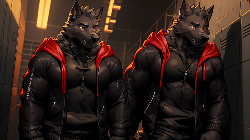 Black Wolf , alone, looking at the audience, shirt, 1 boy, jacket, male focus, open clothes, hood, black shirt, hoodie, muscular, chest muscles, muscular male, only, hooded jacket, sharp nails, school corridor, lean on lockers, black fur