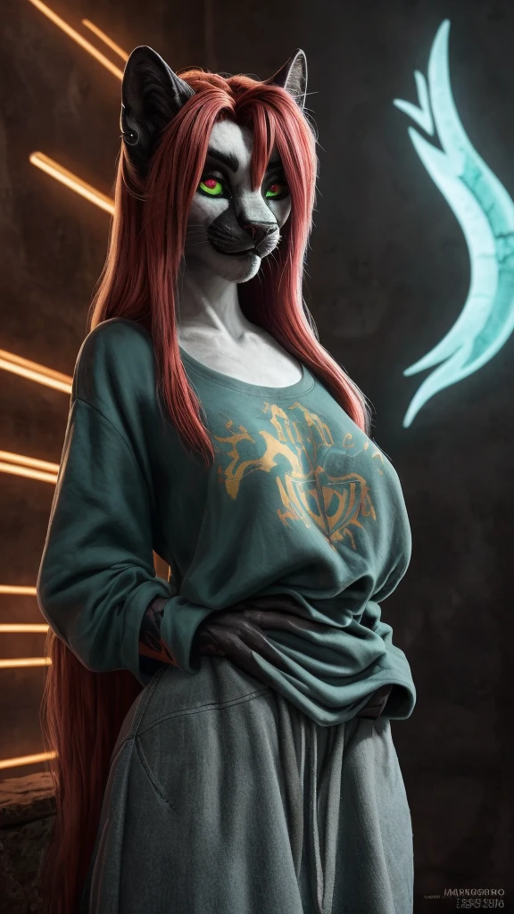 Lyra Vesper is a black panther with long hair that reaches almost to her waist and red roots. She has an impactful and stylish look, wearing baggy clothes reminiscent of Billie Eilish's early style. Her outfits are casual, comfortable, and modern, providing a unique and bold appearance. Background solid (foco nitído, Obra de arte, 8K, obras de arte intrincadas, hiper detalhado, Alto detalhe),