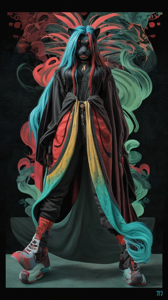 Lyra Vesper is a black panther with long hair that reaches almost to her waist and red roots. She has an impactful and stylish look, wearing baggy clothes reminiscent of Billie Eilish's early style. Her outfits are casual, comfortable, and modern, providing a unique and bold appearance. Background solid (foco nitído, Obra de arte, 8K, obras de arte intrincadas, hiper detalhado, Alto detalhe),