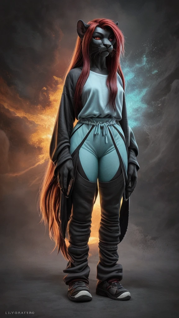 Lyra Vesper is a black panther with long hair that reaches almost to her waist and red roots. She has an impactful and stylish look, wearing baggy clothes reminiscent of Billie Eilish's early style. Her outfits are casual, comfortable, and modern, providing a unique and bold appearance. Background solid (foco nitído, Obra de arte, 8K, obras de arte intrincadas, hiper detalhado, Alto detalhe),