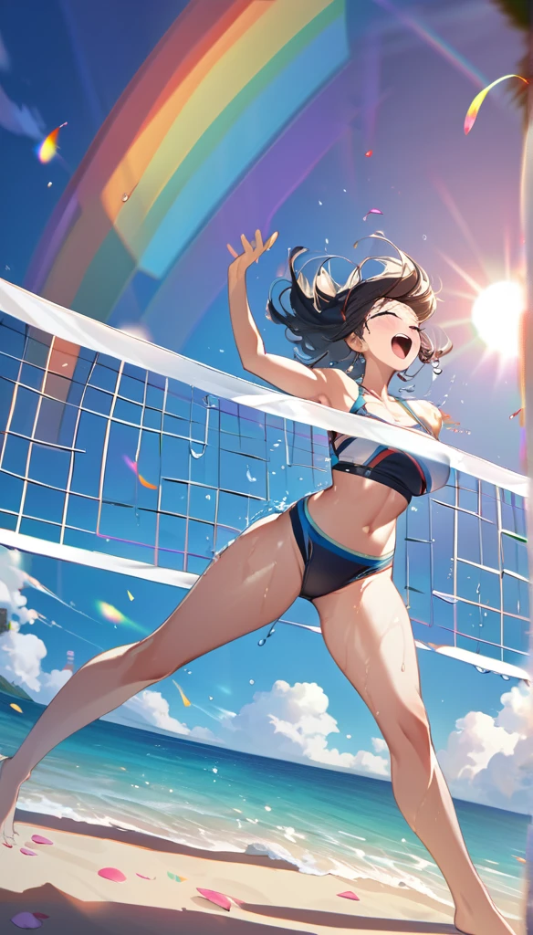 (Best Quality, masutepiece),ultra detailed photographic,1girl in, female beach volley player ,Shoot the ball ,Large breasts,nice legs, At the beach volleyball venue,Detailed beautiful face,Beautiful eyes,detailed hairs,detailed clothes,Detailed realistic skin,Cool,Dynamic Angle,