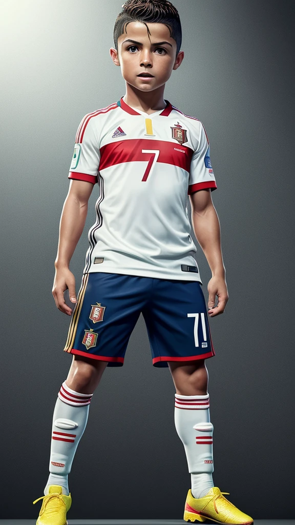 Cristiano Ronaldo's face image 4d photography of the full body image of a realistic cute little chibi boy, wearing a Portugal 2024 jersey Number 7 bright octane color trending on art stations, artistic photography, photorealistic concept art, soft natural volumetric cinematic perfect light, UHD without background.