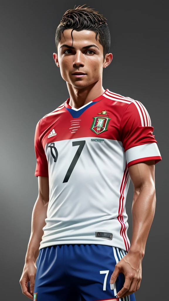 Cristiano Ronaldo's face image 4d photography of the full body image of a realistic cute little chibi boy, wearing a Portugal 2024 jersey Number 7 bright octane color trending on art stations, artistic photography, photorealistic concept art, soft natural volumetric cinematic perfect light, UHD without background.