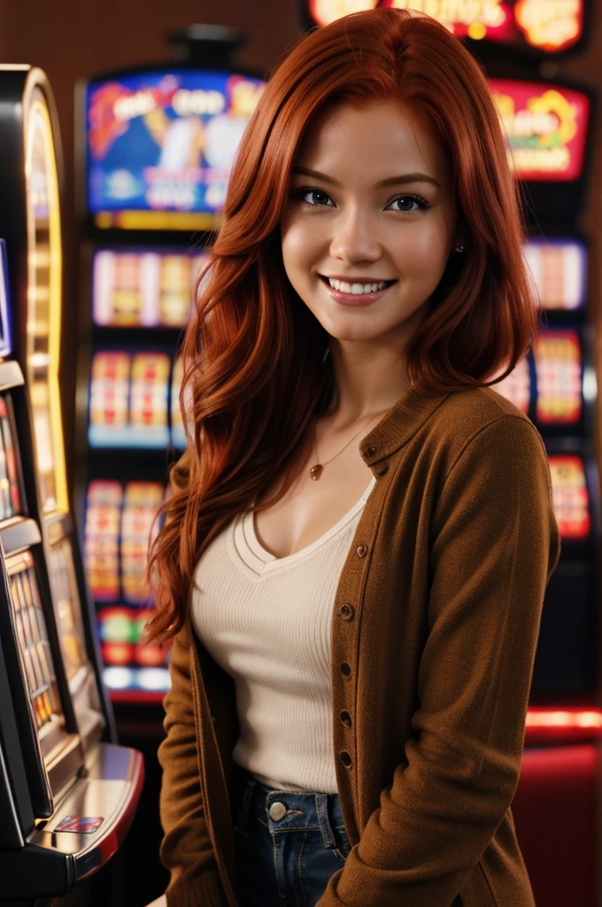 red-haired girl, young, playing slots at the casino, smiling, realism, realistic pictures, 18 year old redheaded skinny girl, with size 3 breasts, ((brown eyes)),  detailed hair, ((detailed eyes)), beautiful face, full body, light red hair, cute face, cinemascope, cinematography, dynamic lighting, 75mm, Technicolor, Panavision, cinemascope, sharp focus, fine detail, 8k, HDR, realism, realistic, key visual, film still, cinematic color correction, depth of field 