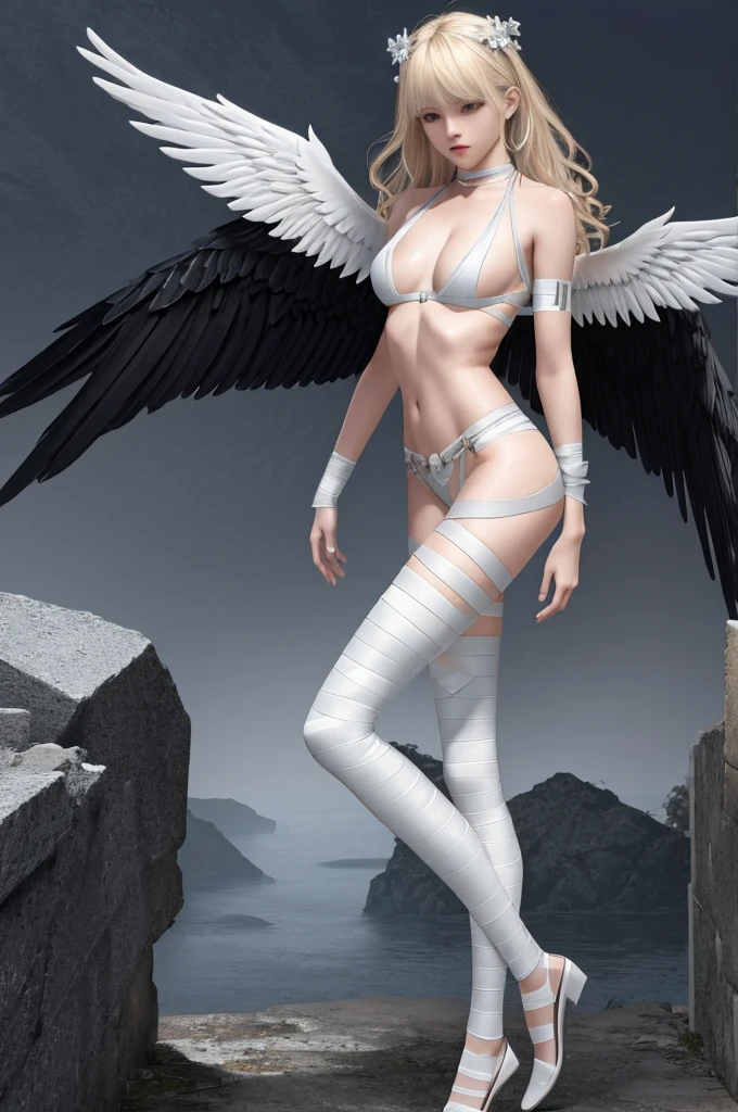Epic CG masterpiece, hdr,dtm, full ha,8K, ultra detailed graphic tension, dynamic poses, stunning colors, 3D rendering, surrealism, cinematic lighting effects, realism, 00 renderer, super realistic, full - body photos, super vista, super wide Angle, HD
(wide shot, wide-angle lens,Panoramic:1.2),super vista, super wide AngleLow Angle shooting, super wide lens, (ring:1.4)looking downhair flower
angel(Milky skin, shiny skin:1.5)(bandages:1.3)(black wings:1.4)feathered wingsangel wingsbarefootblushdepth of fieldruinsblood on clothes (skinny legs:1.5), platinum blonde hair, own hands togethermedium breasts,
