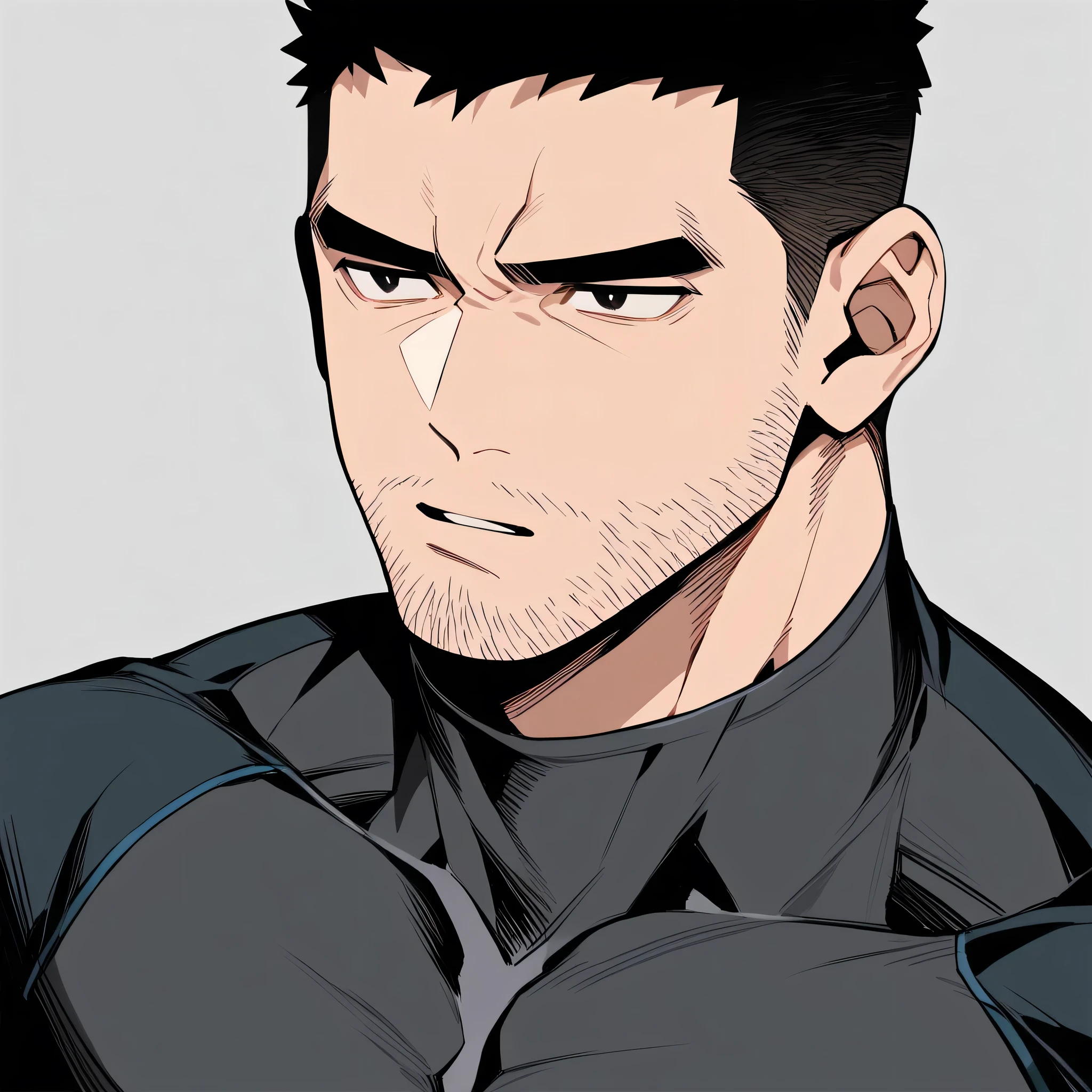 anime characters:Chris Redfield, Muscle Sports Student, Buzz Cut, Manliness, male focus, Dark black high collar long sleeve tight T-shirt, Very tight, full and perky chest muscles, muscular male, muscular, only, Upper body, alone, Black short hair, Thick eyebrows, stubble, Brown-red pupils, Grey background, simple background, amazing quality, best aesthetics, Ridiculous, crew cut, parted lips, v-shaped eyebrows, jitome, best quality