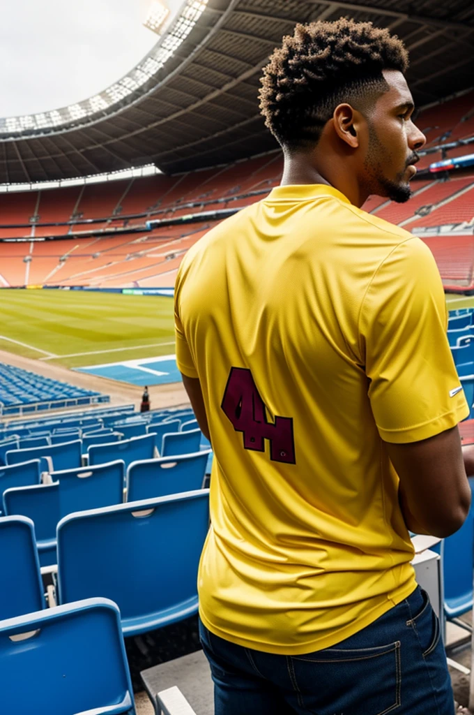 Man from back with yellow shirt named Anderson watching game in stadium 