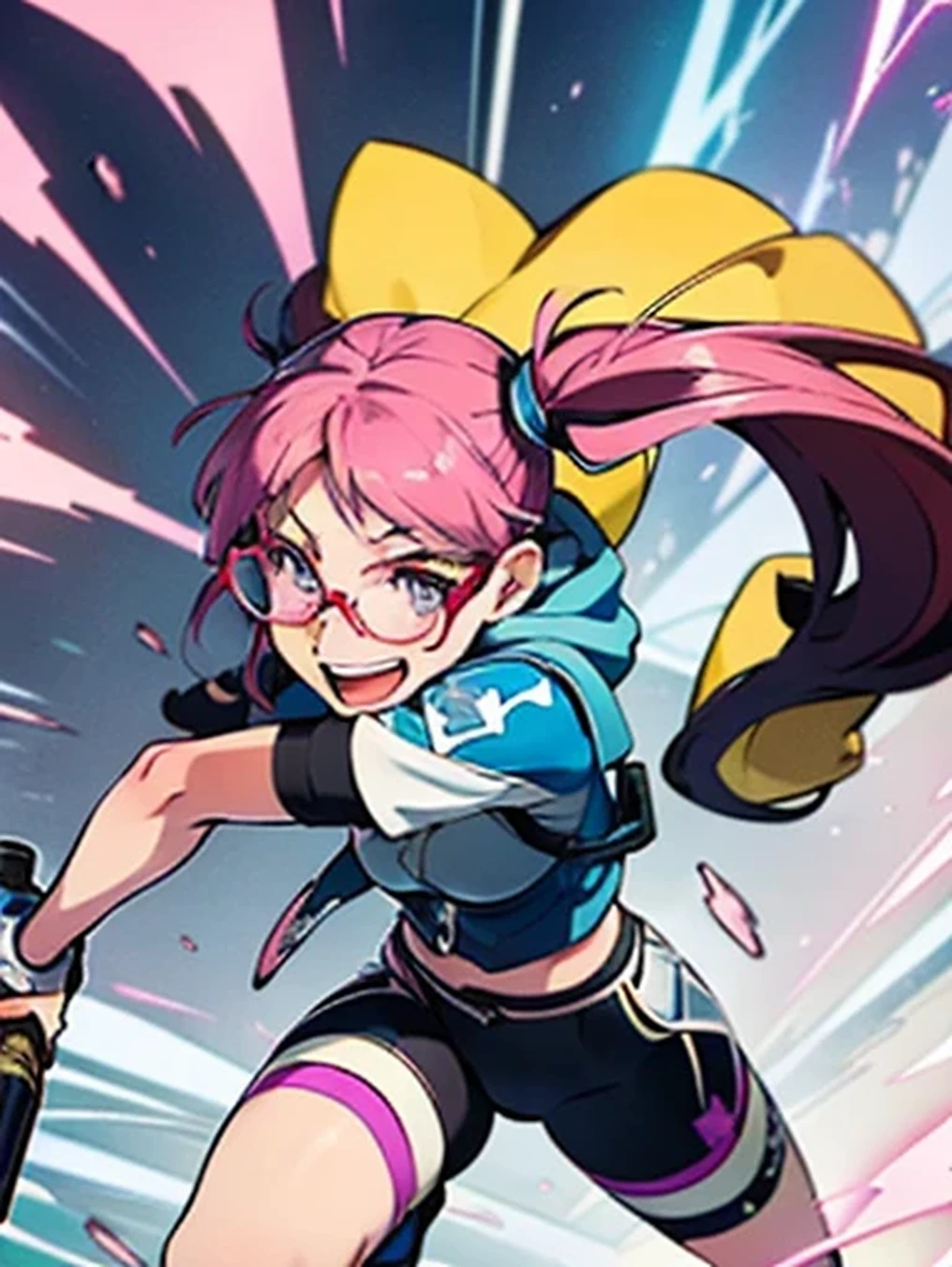 1girl, solo, hoodie, biker shorts, assault vest, (using weapon, using bazooka), open mouth, wacky face, smile, :d, (pink hair, dark purple eyes, twintails, glasses) a heroic blue female Valkyrie with muscular biceps, has purple eye pupils, blue lightning flowing through her hands, wears platinum armor, (dynamic) (elegant) (beautiful)