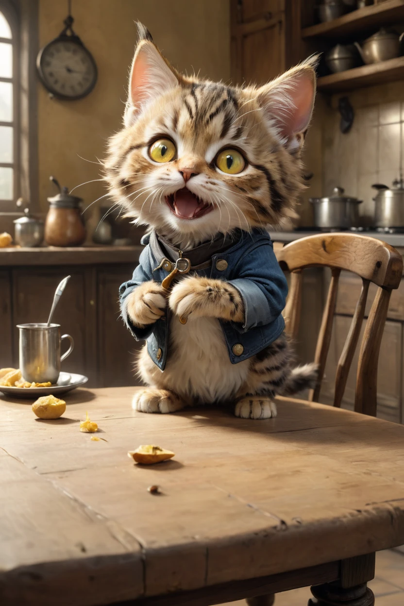 mic, wearing , all-body,mic, exquisite detail, Jean-Baptiste Monge style, kitchen table、estilo alan lee, An anthropomorphic, fatter, furry tabby kitten with yellow eyes, movie scenes, Dramatic shooting angles, , realisitic, to be born々Incredible cinematic photorealism, action portrait, 8K, detailded, full frame