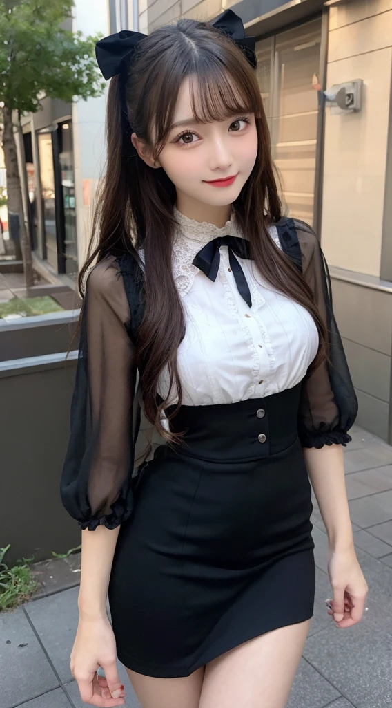 table top, highest quality, figure, super detailed, finely, High resolution, 8k wallpaper, Perfect dynamic composition, beautiful and fine eyes, medium hair,small breasts natural color lip, bold sexy pose,smile,harajuku、20 year old girl、cute、sexy shot looking at camera、gothic lolita clothes、skirt、blouse