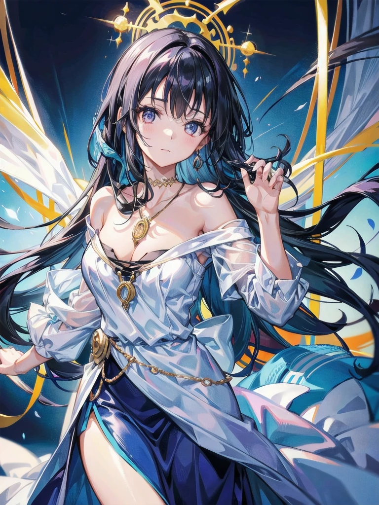 Maria Gomez: Visualize a woman in her late twenties with a mystical aura. She has long, wavy black hair, bright eyes, and a soft smile. She's dressed in a flowing dress, with a pendant hanging from her neck. Her hands are slightly raised, as if sensing something. The image should be hyper-realistic, with a focus on her bright eyes and the details of her pendant. --ar 16:9 --v 5.1 --style raw --q 2 --s 750
