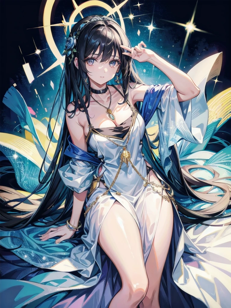 Maria Gomez: Visualize a woman in her late twenties with a mystical aura. She has long, wavy black hair, bright eyes, and a soft smile. She's dressed in a flowing dress, with a pendant hanging from her neck. Her hands are slightly raised, as if sensing something. The image should be hyper-realistic, with a focus on her bright eyes and the details of her pendant. --ar 16:9 --v 5.1 --style raw --q 2 --s 750