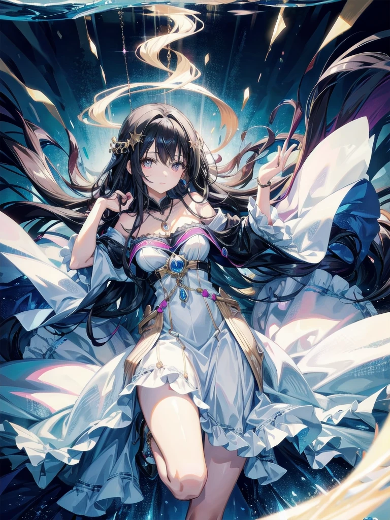 Maria Gomez: Visualize a woman in her late twenties with a mystical aura. She has long, wavy black hair, bright eyes, and a soft smile. She's dressed in a flowing dress, with a pendant hanging from her neck. Her hands are slightly raised, as if sensing something. The image should be hyper-realistic, with a focus on her bright eyes and the details of her pendant. --ar 16:9 --v 5.1 --style raw --q 2 --s 750