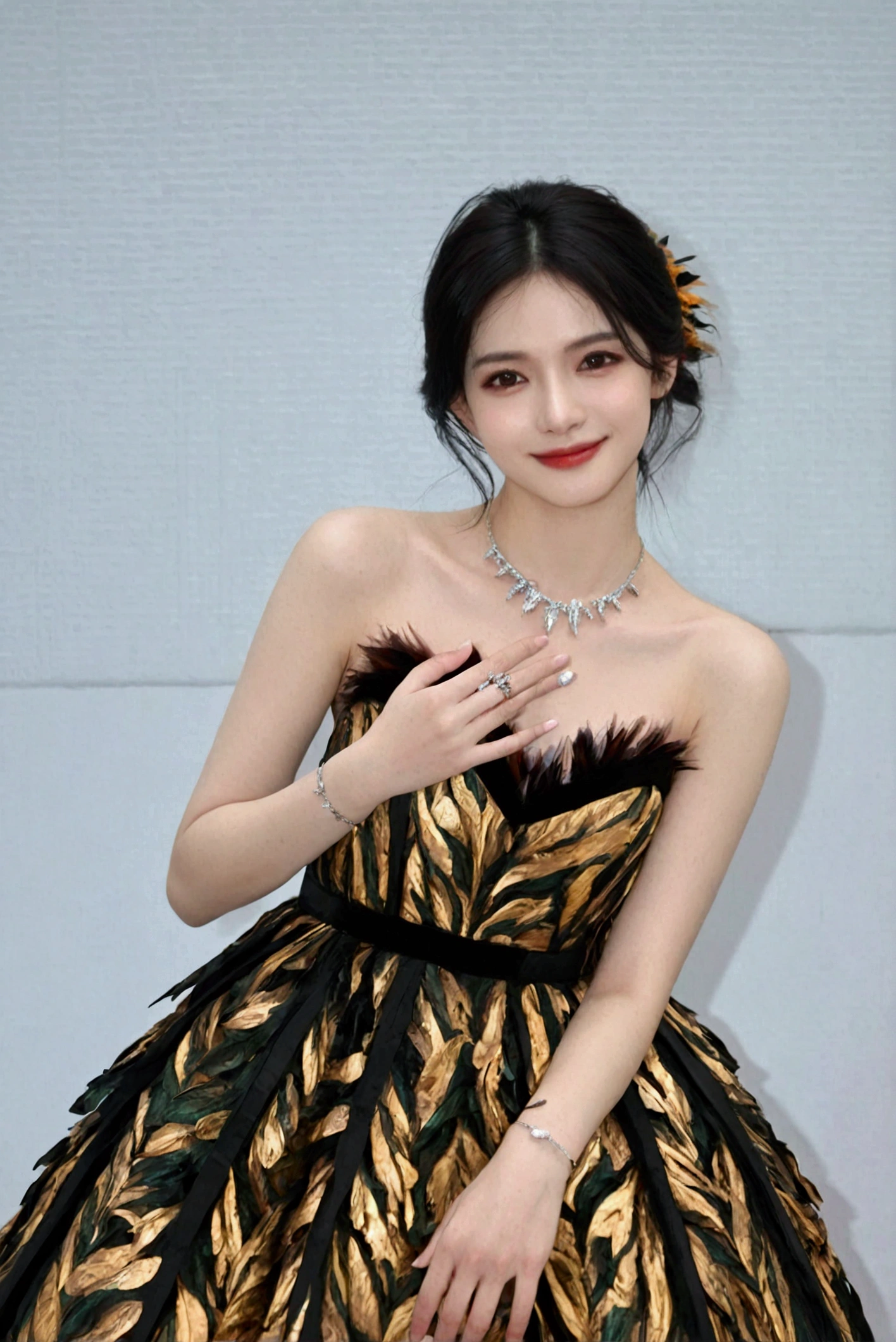 1girl, solo, looking at viewer, smile, black hair, dress, bare shoulders, brown eyes, jewelry, mole, bracelet, ring