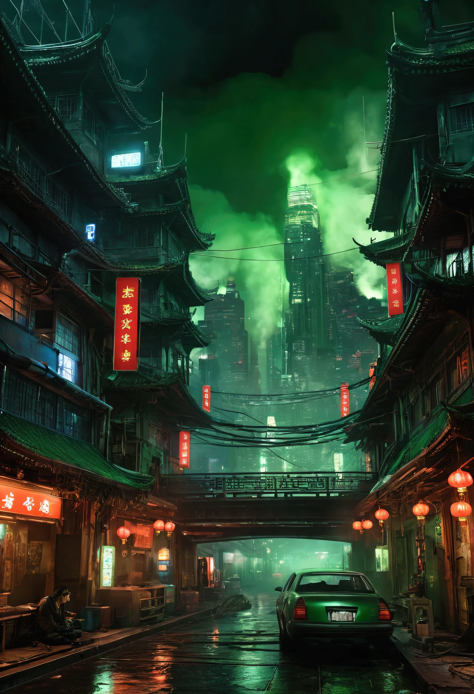 Cyberpunk cities in science fiction movies, night, Enveloped in green smoke, bridge, Established, Strange stories from Chinese studios, red lantern, Ghosts wandering the streets, irregular, Circuit board, wire, Complex, Very detailedな, Realistic, Ultra-realistic, high quality, Highest, Super detailed, Crazy details, Very detailed, PhotoRealistic, A magnificent composition, Highest Quality, 32K --v 6