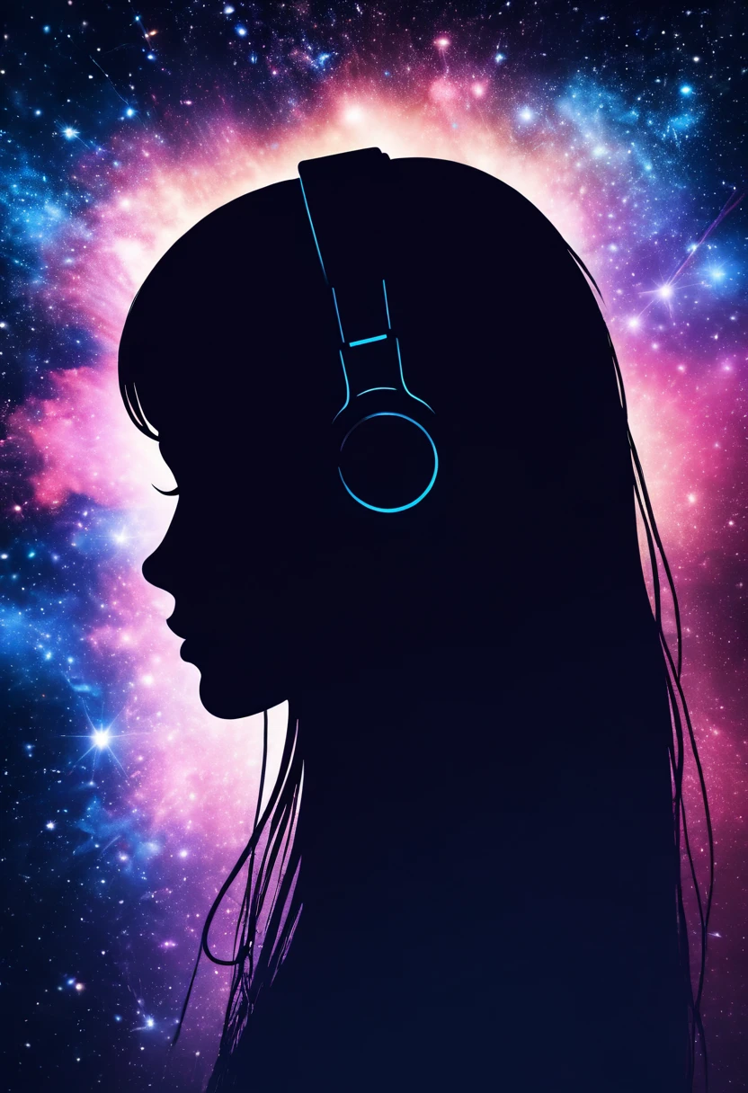 Profile of a woman silhouette.(Long Hair:1.3), Blunt bangs, (Headphones:1.3), Inside the silhouette you can see the Double exposure with a universe, Deep Universe, Supernova explosion, masterpiece, ((Double exposure)), Proportional.,Double exposure