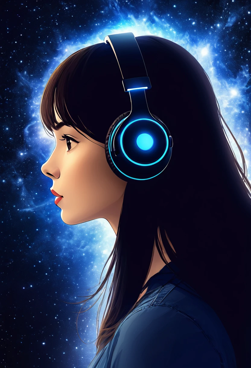 Profile of a woman silhouette.(Long Hair:1.3), Blunt bangs, (Headphones:1.3), Inside the silhouette you can see the Double exposure with a universe, Deep Universe, Supernova explosion, masterpiece, ((Double exposure)), Proportional.,Double exposure